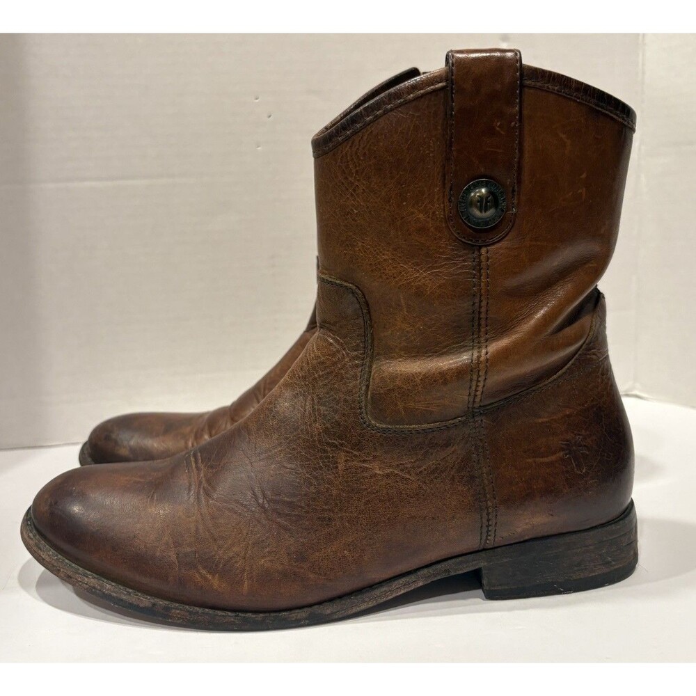 FRYE MELISSA BUTTON SHORT ZIP LEATHER BOOTS COGNAC BROWN EUC SIZE 8.5